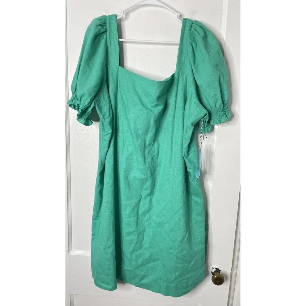 Draper James RSVP Dress Sz XXL Linen Blend Square Neck Woven Puff Sleeve Green